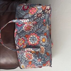 Vera Bradley Gray Floral Quilted Travel Weekender with Pink and Orange Accents